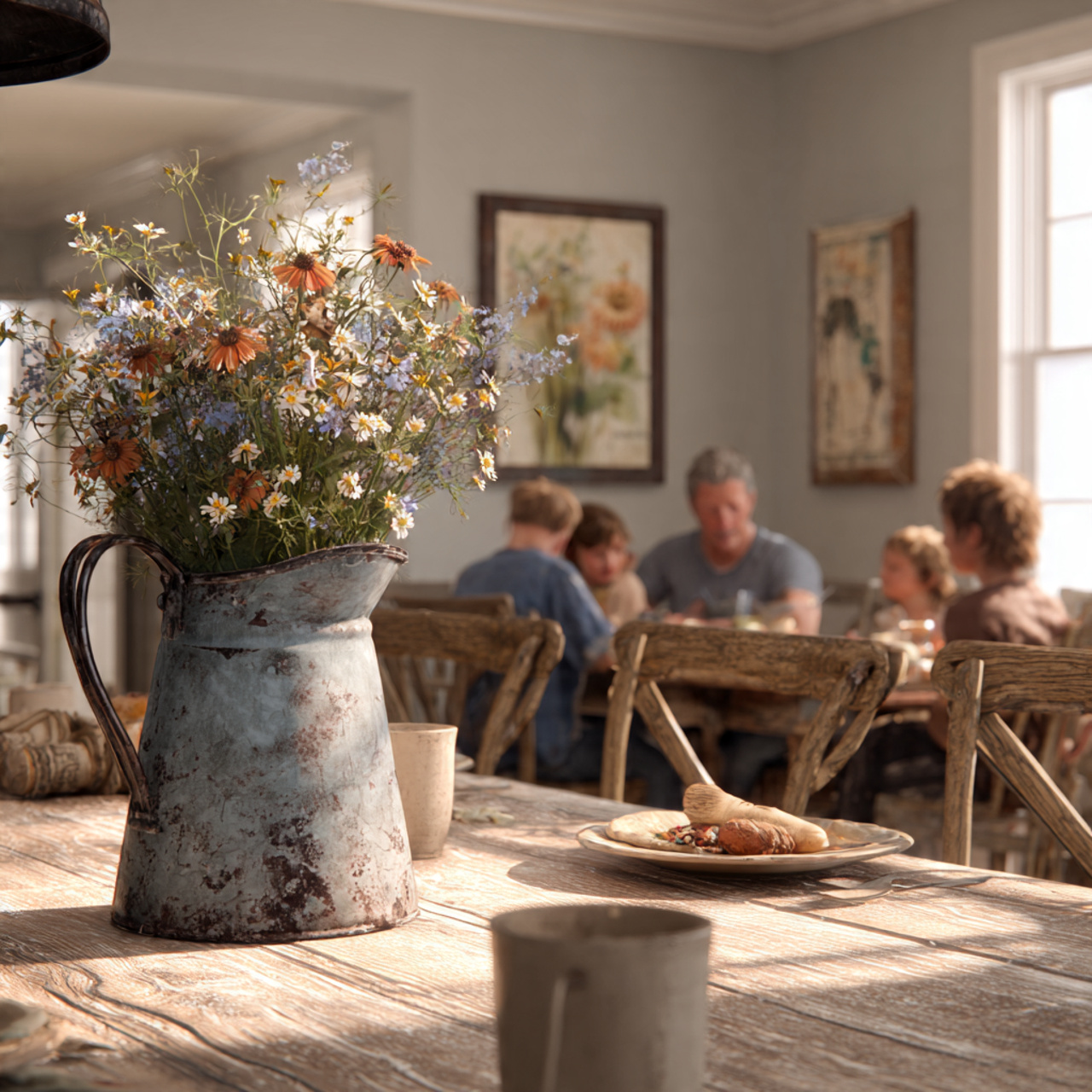 bright farmhouse dining room with a rustic wooden
