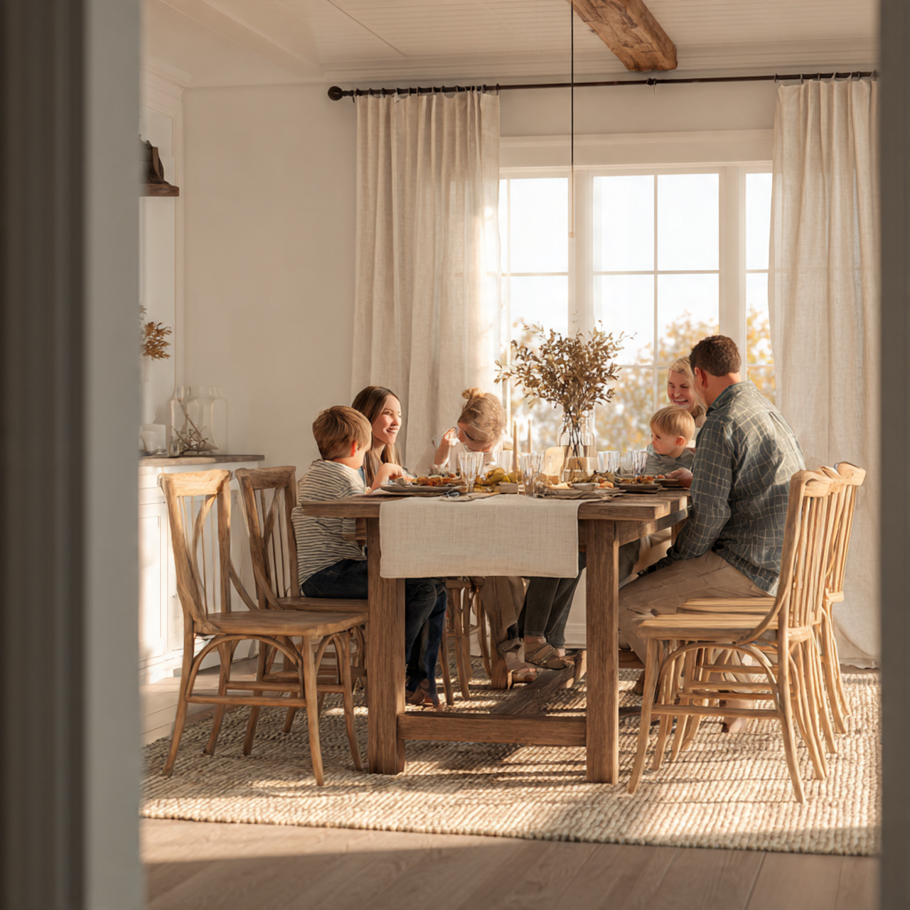 bright farmhouse dining room with a wooden table a