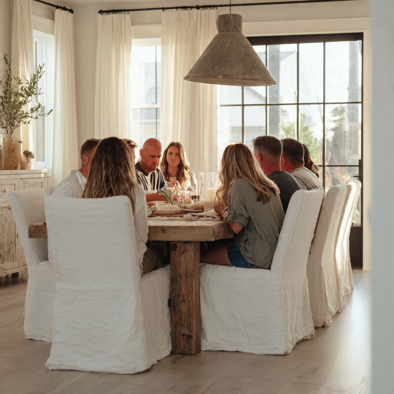 bright farmhouse dining room with creamy white sli