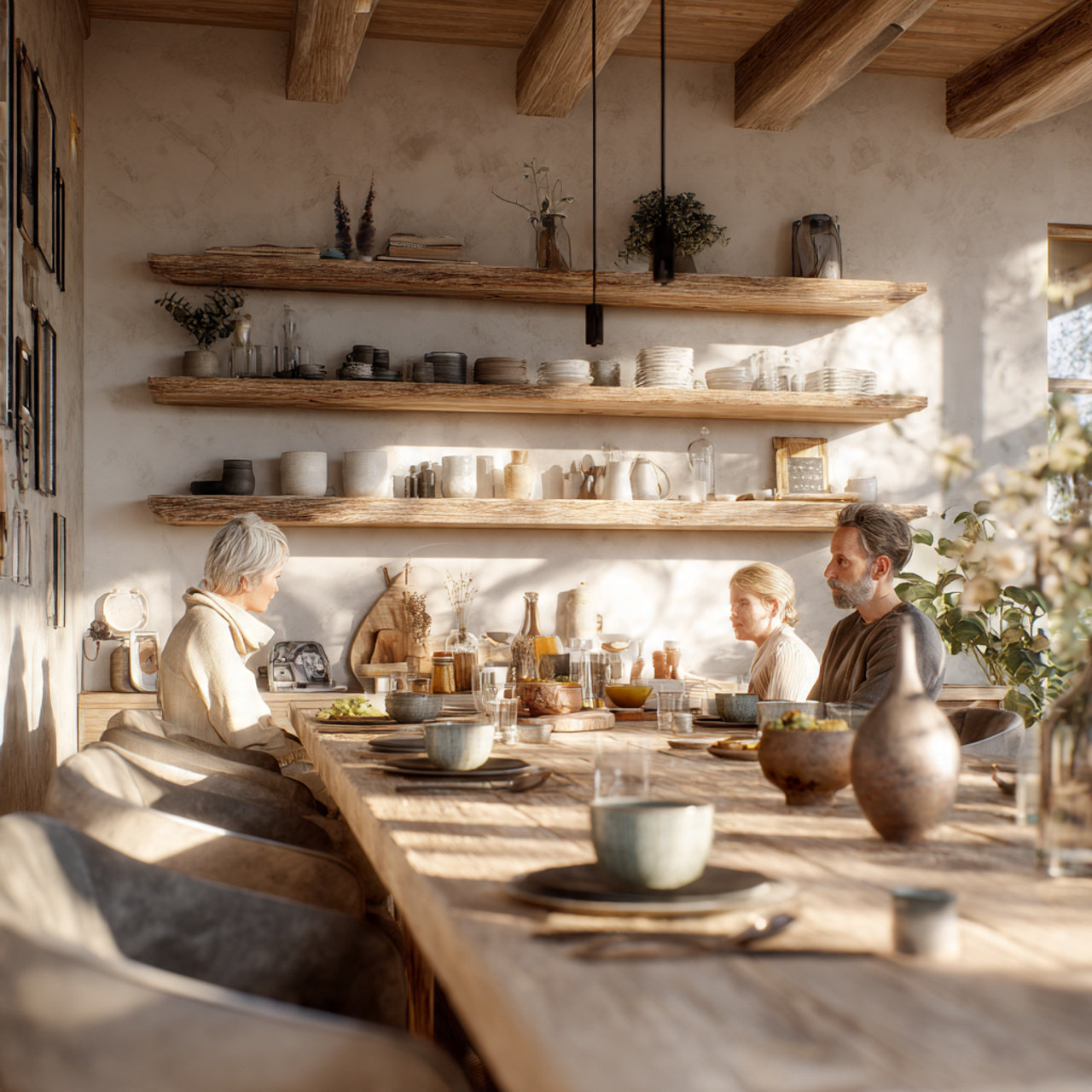bright farmhouse dining room with floating oak wal