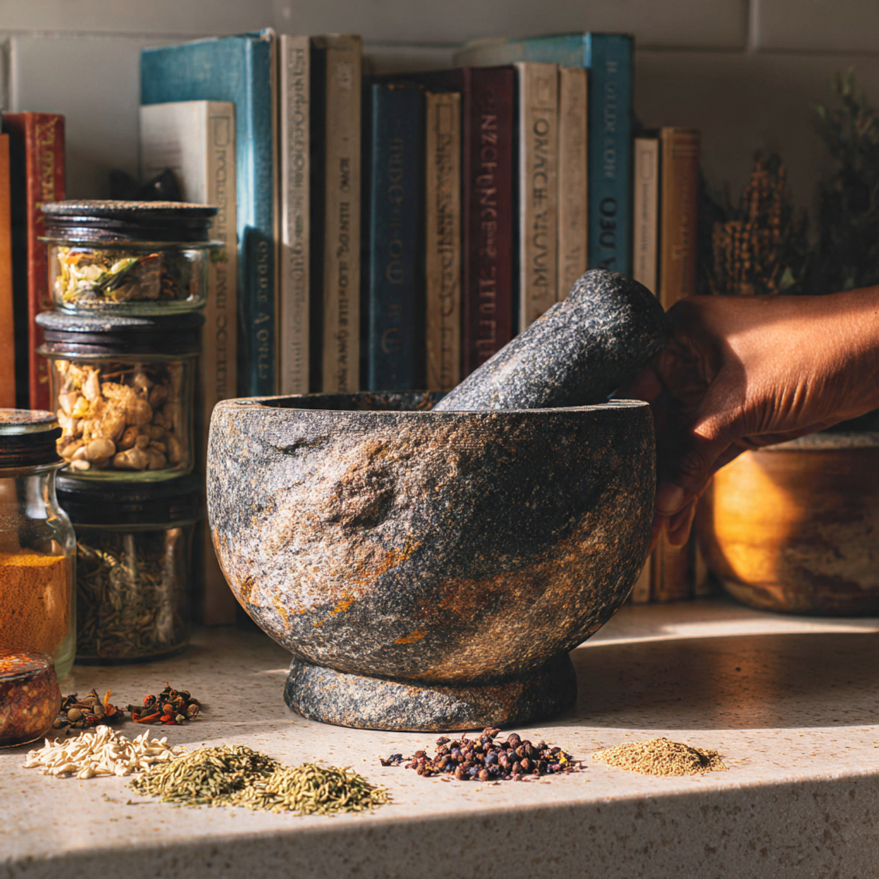 bright kitchen counter with a heavy granite mortar