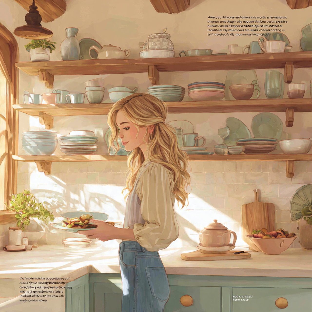 bright kitchen featuring scalloped edge open shelv