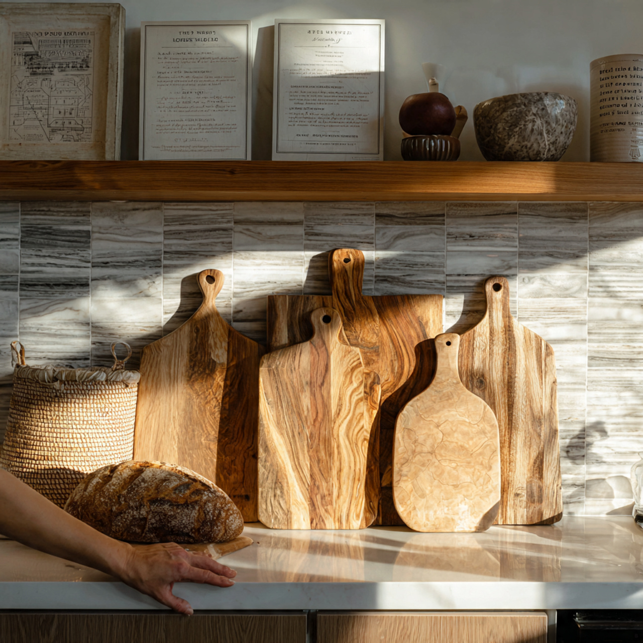 bright kitchen scene with layered wooden cutting b