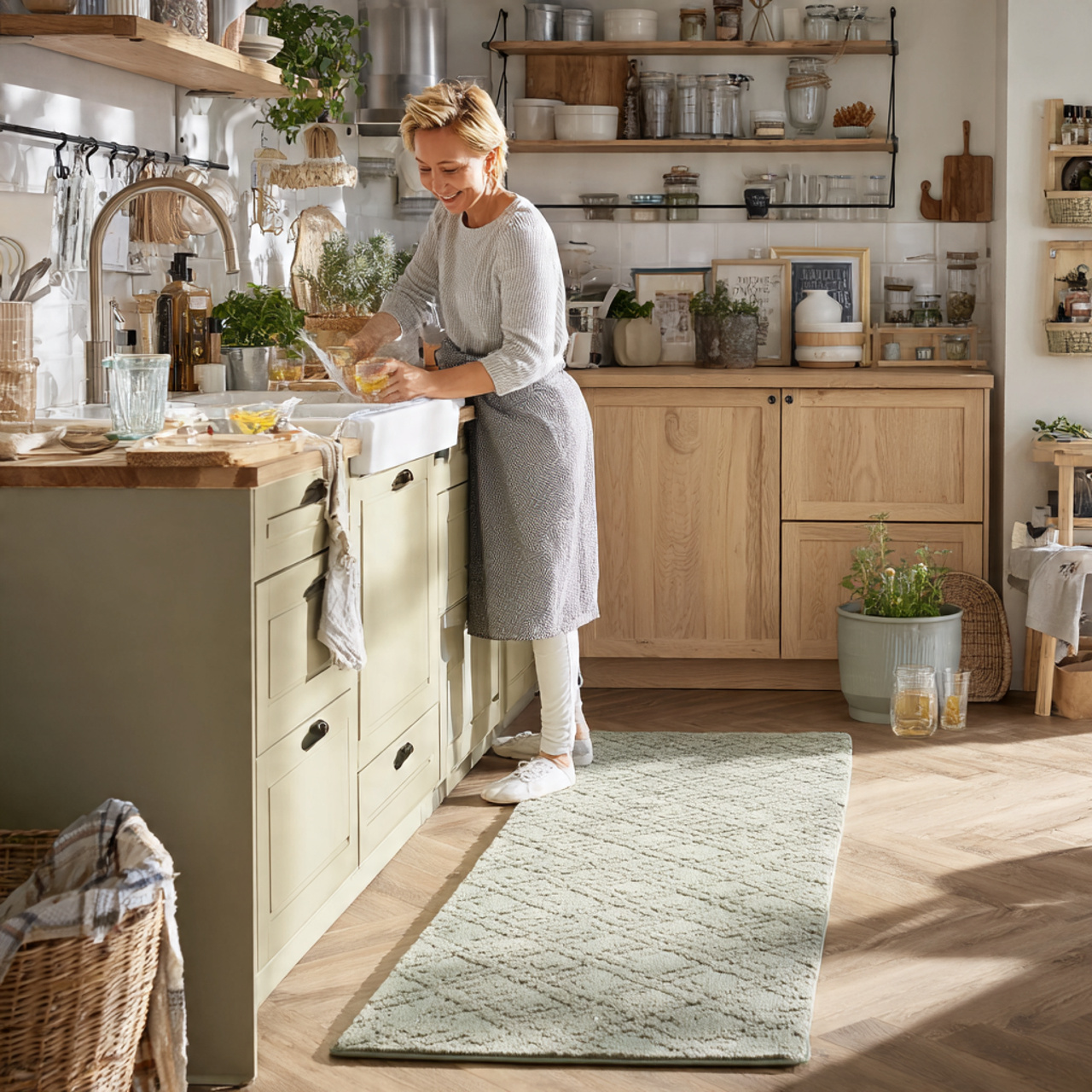 bright kitchen with a soft toned rug runner in mut