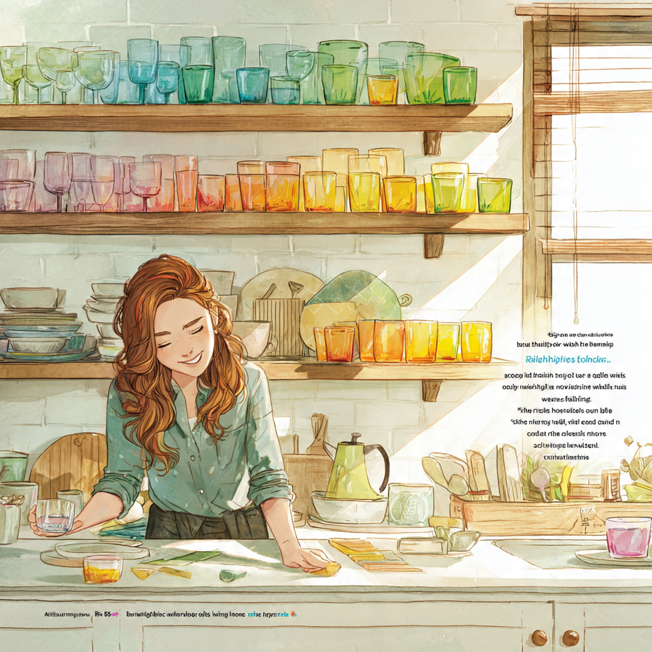 bright kitchen with open shelves displaying rainbo 1