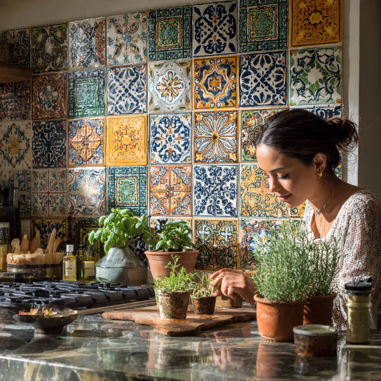 bright mediterranean style kitchen with hand paint
