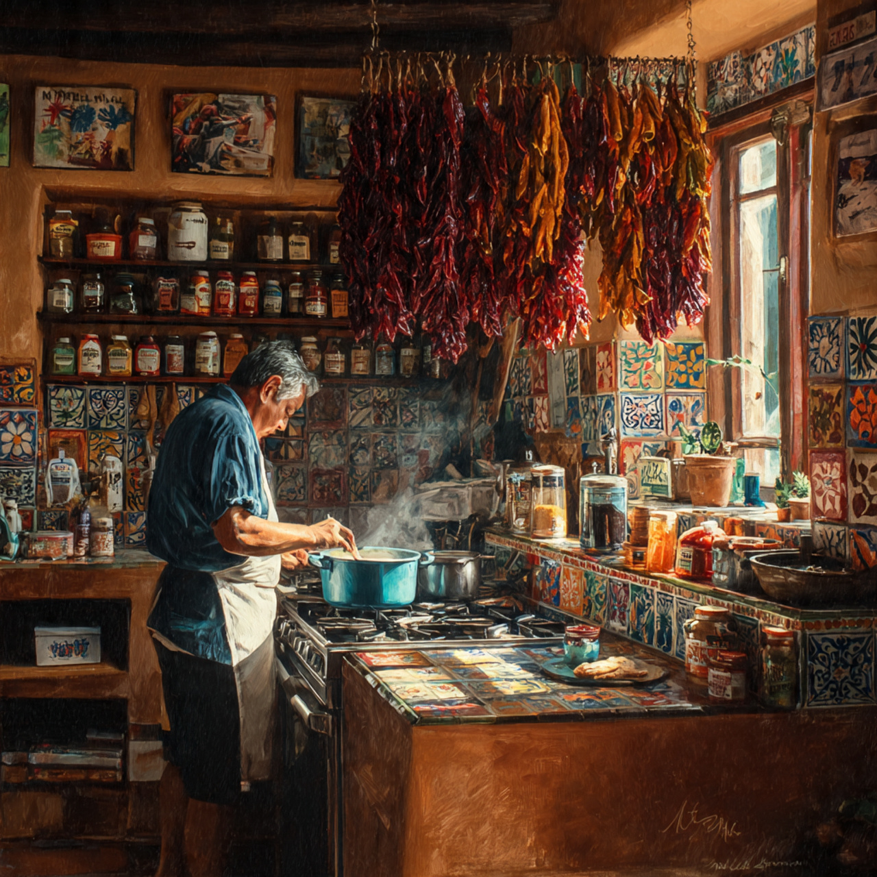 bright mexican kitchen featuring dried chili peppe