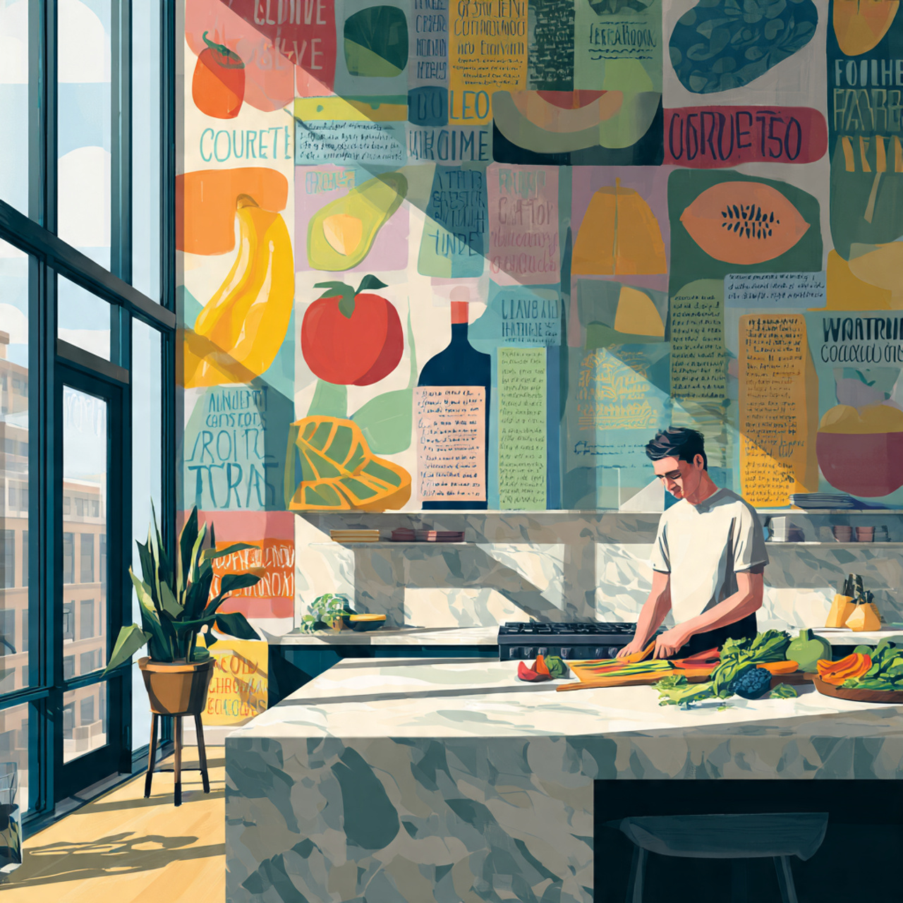 bright modern kitchen with bold abstract food illu