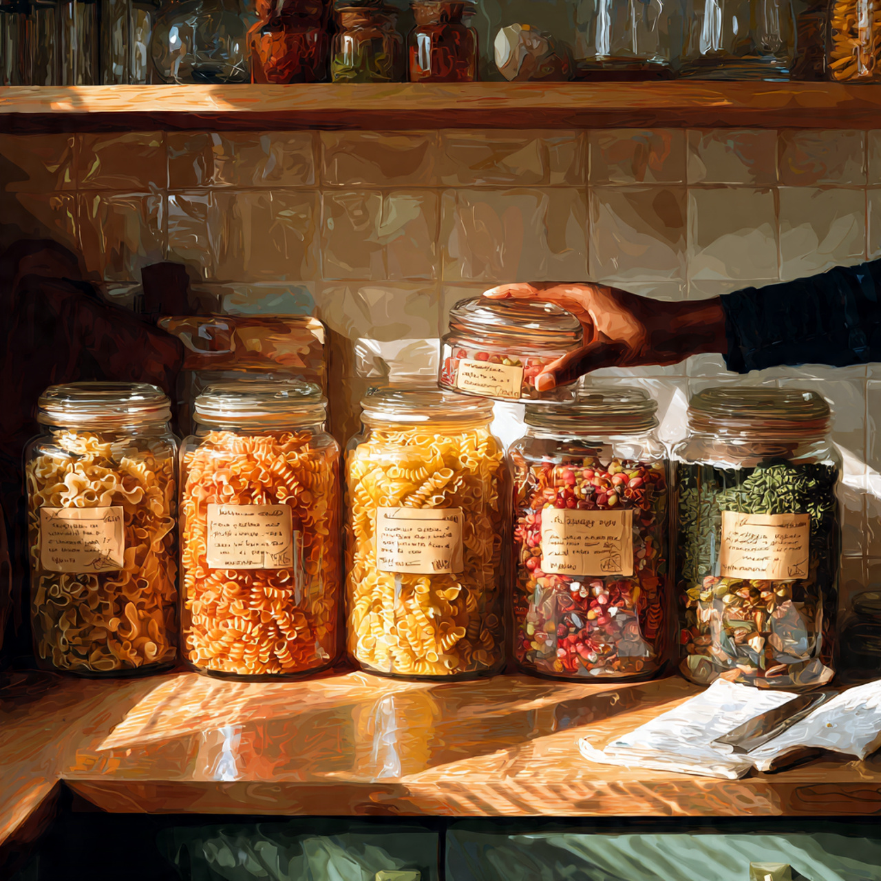 bright realistic kitchen counter with glass apothe
