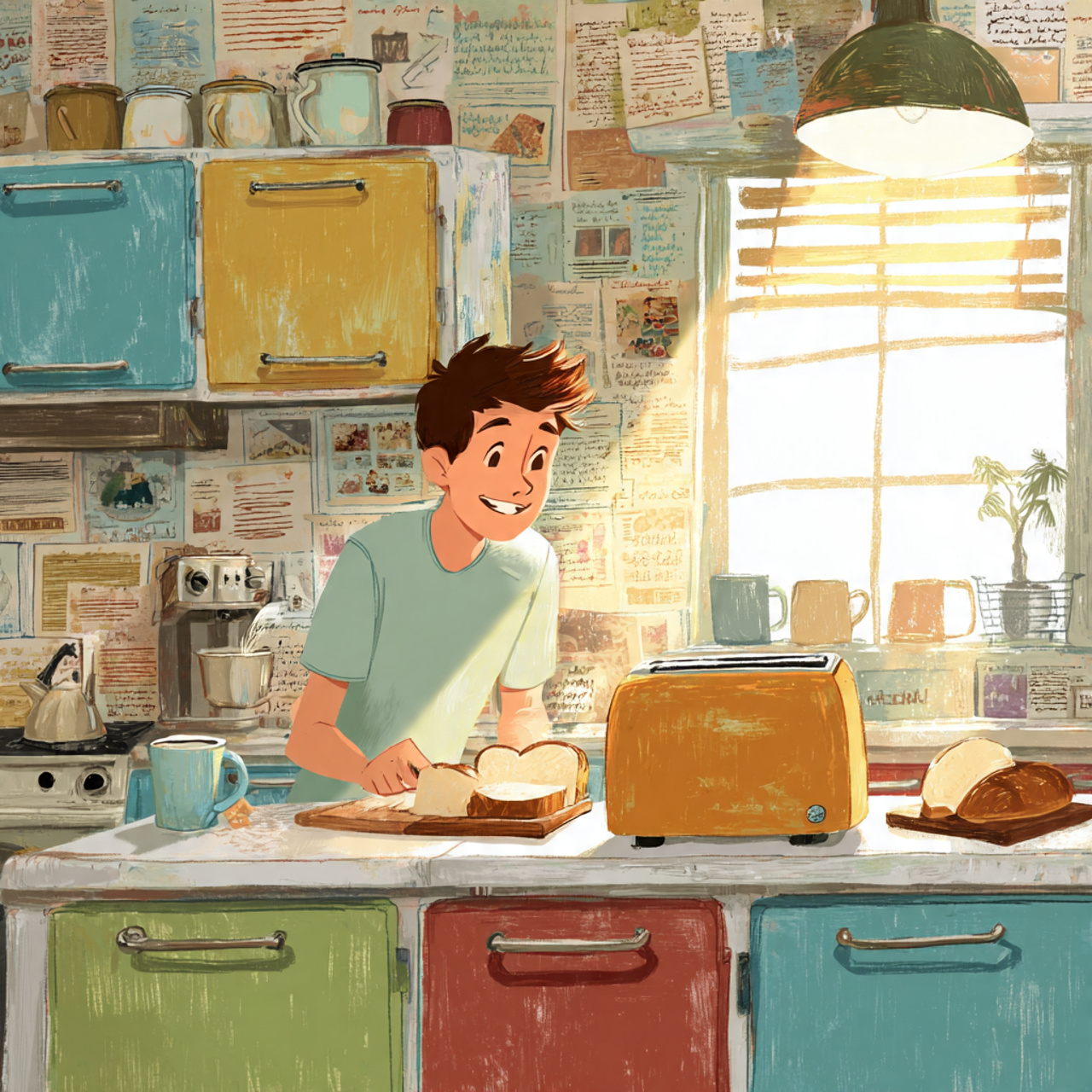 bright retro style kitchen featuring a colorful vi