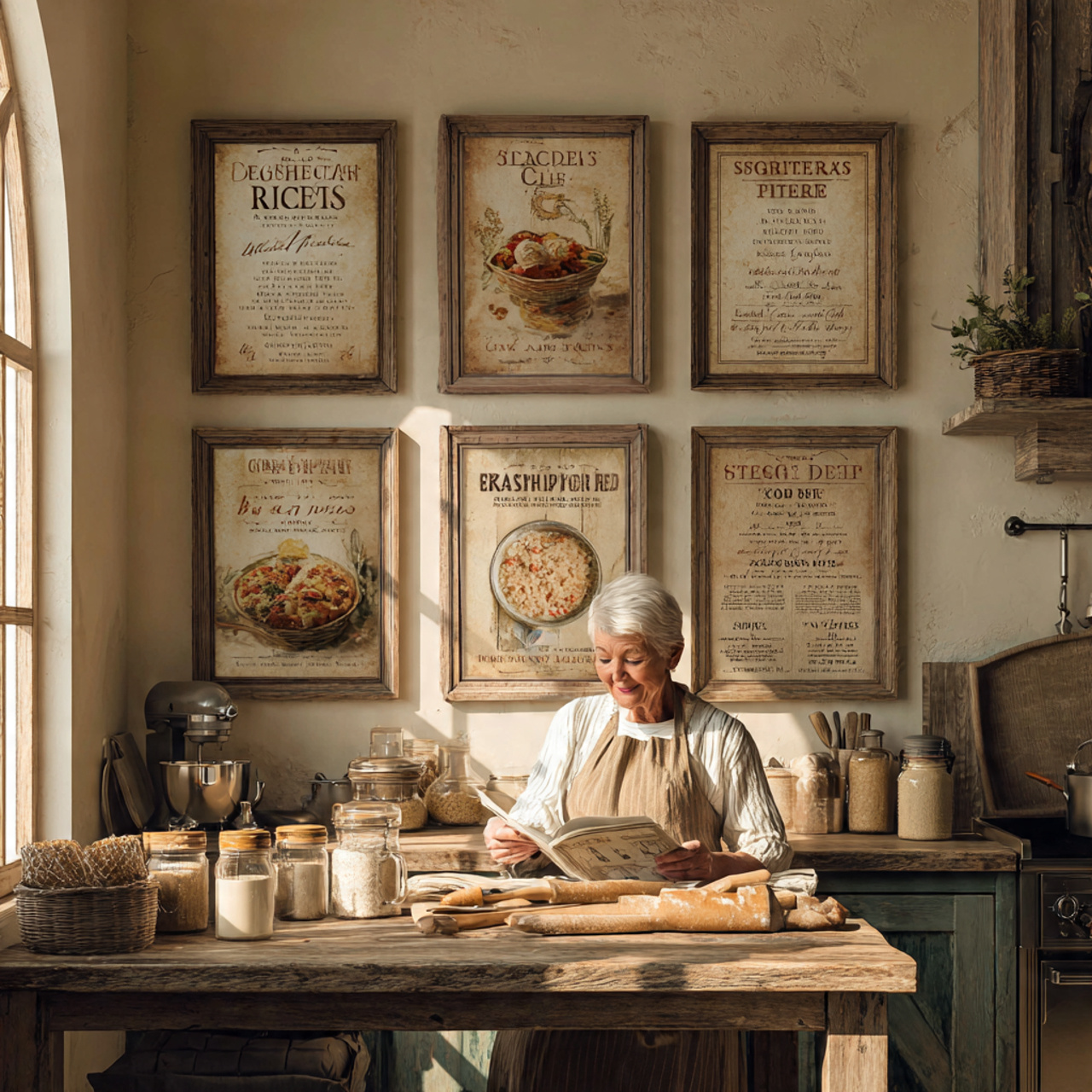 bright rustic kitchen with framed heirloom recipe