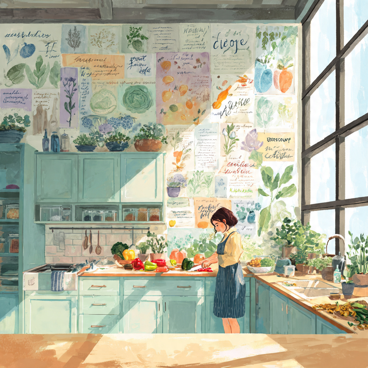bright sunlit kitchen with whimsical watercolor ve