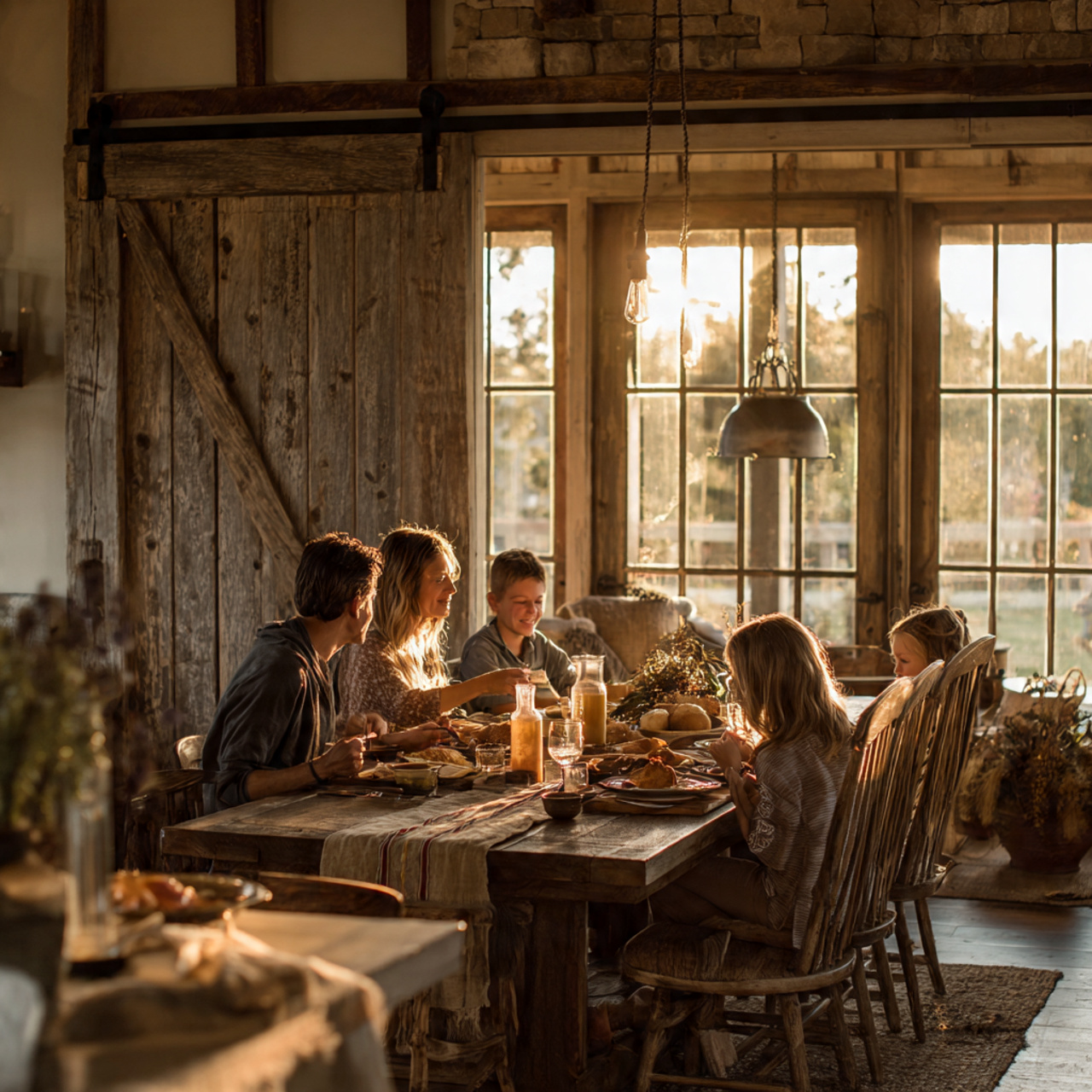 charming farmhouse dining room with a sliding barn
