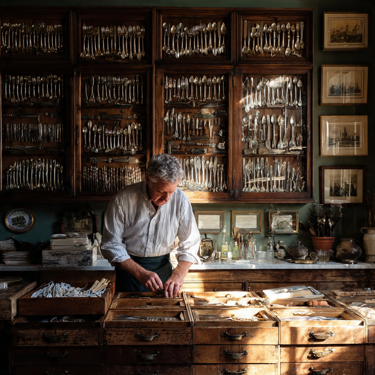 charming kitchen with antique silverware displayed