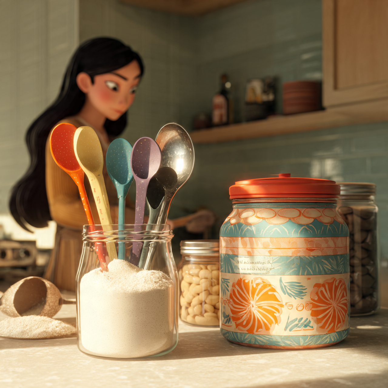 close up of a kitchen counter with vibrant ceramic