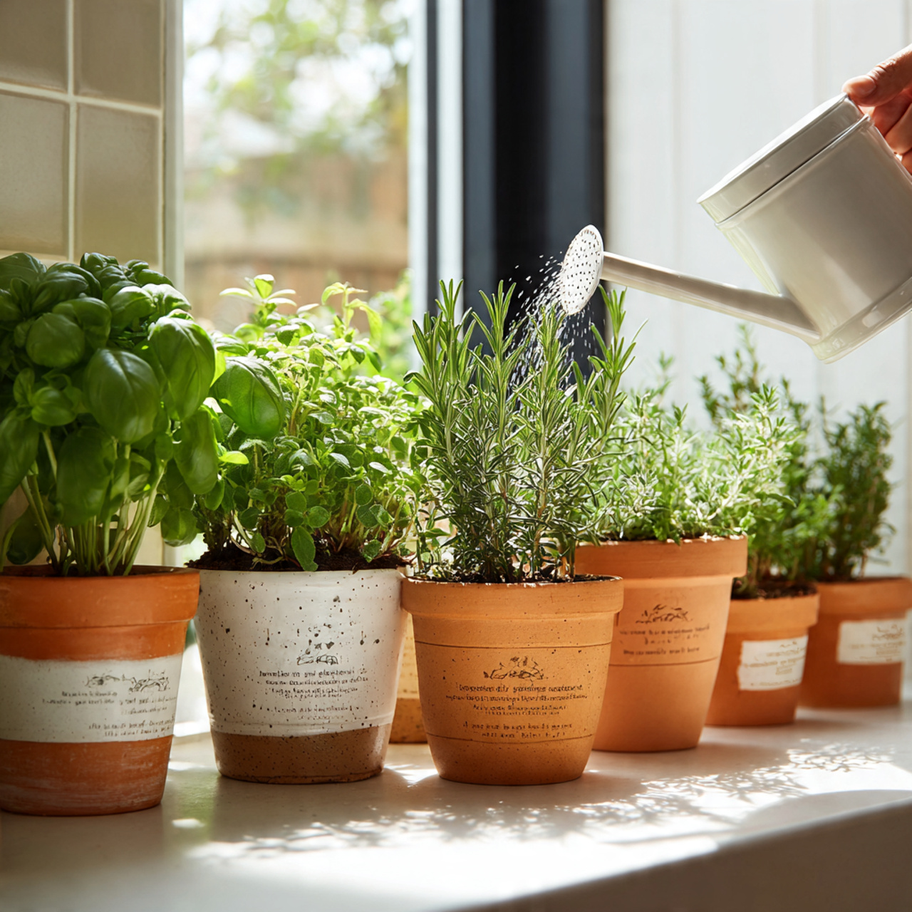 close up of fresh potted herbs like basil rosemary