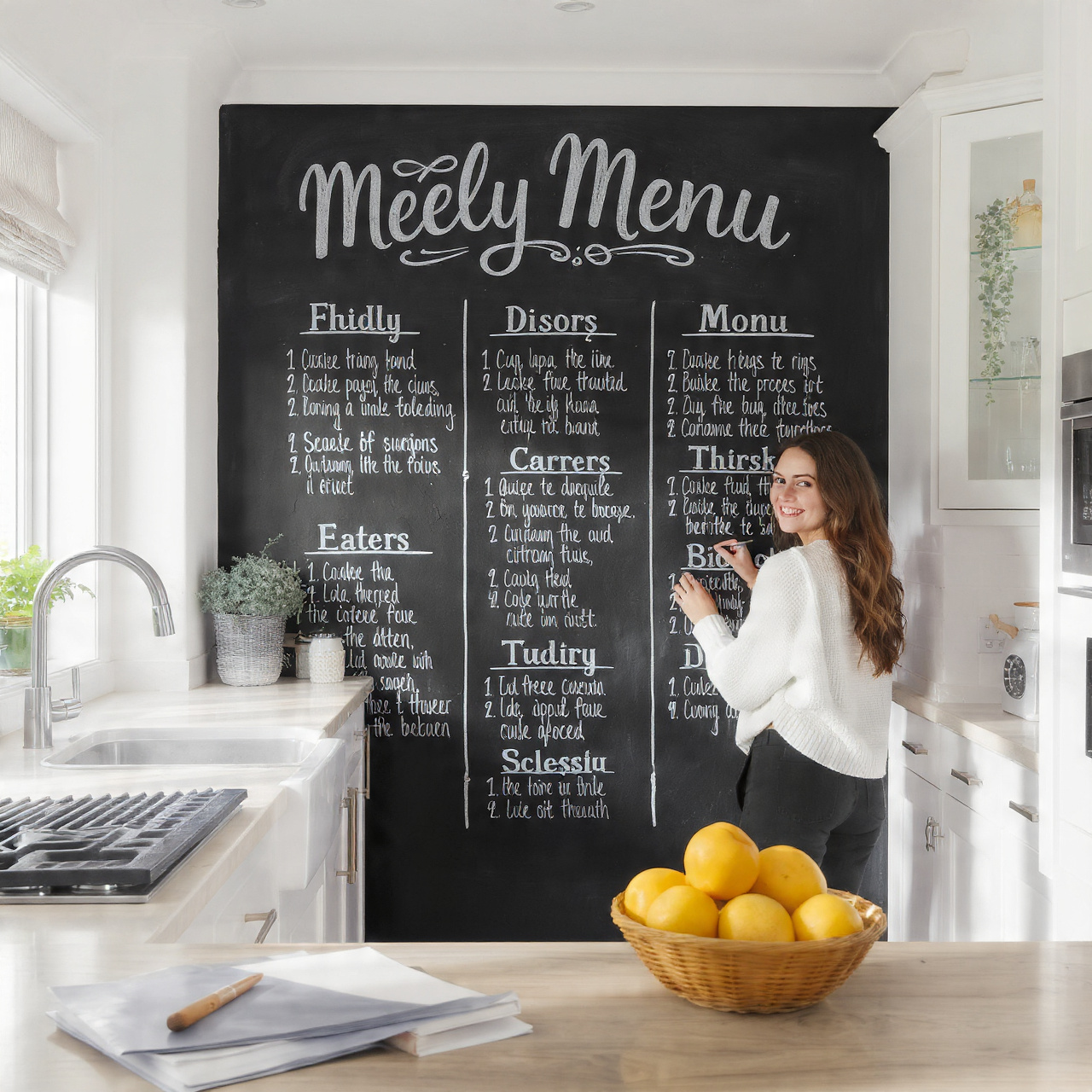 cozy contemporary kitchen with an oversized chalkb