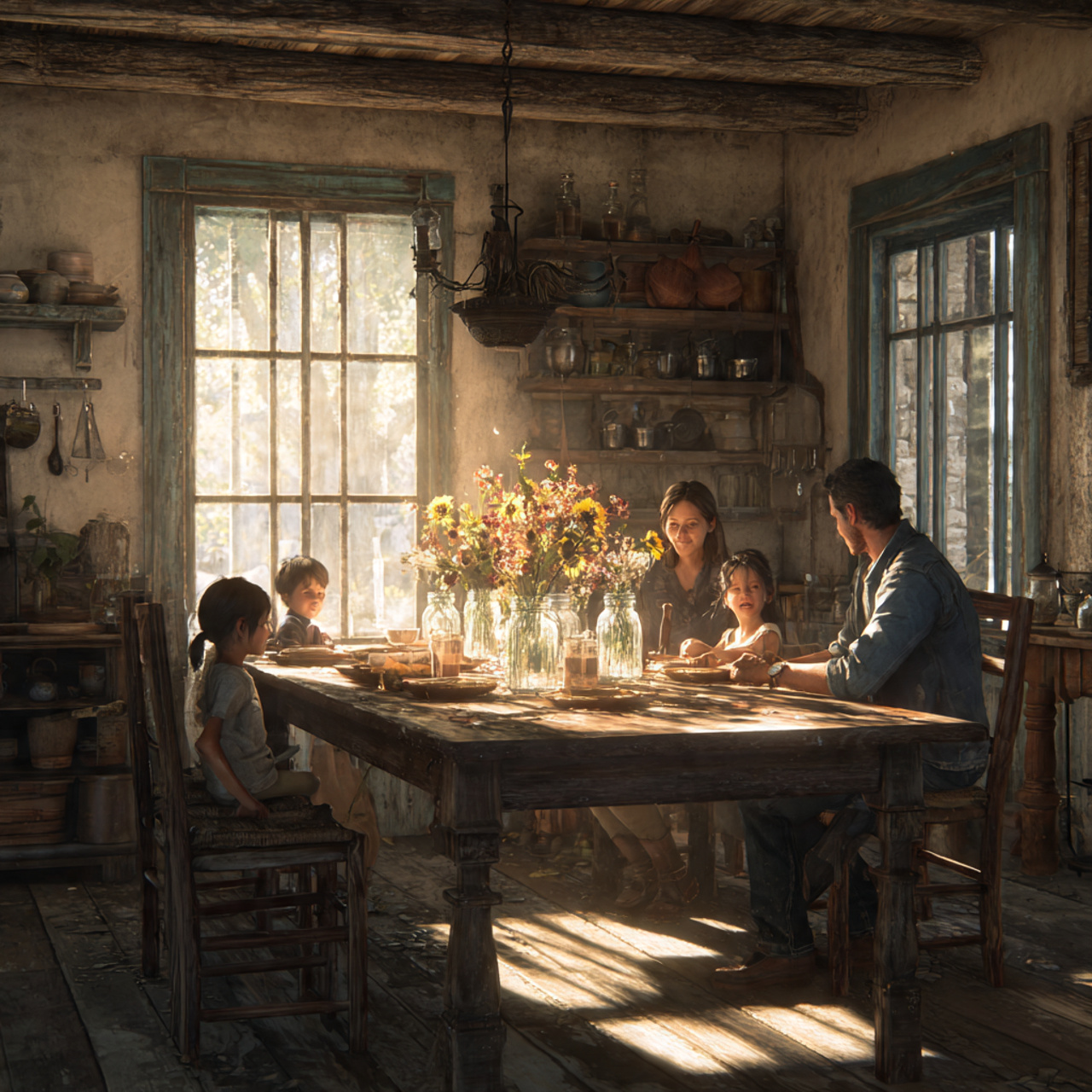 cozy farmhouse dining room featuring a wooden tabl