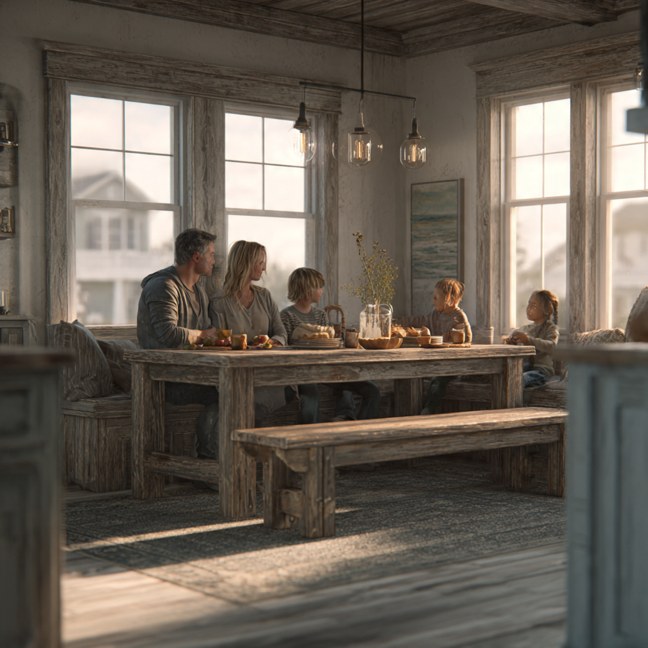 cozy farmhouse dining room featuring distressed wo