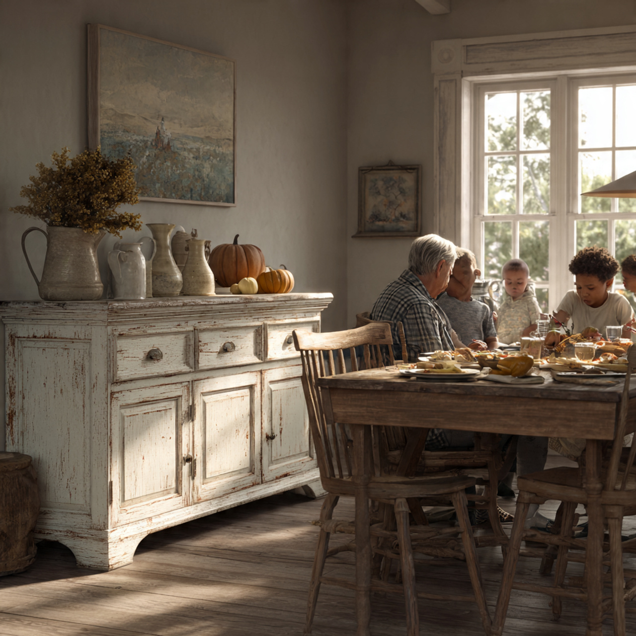 cozy farmhouse dining room with a distressed white