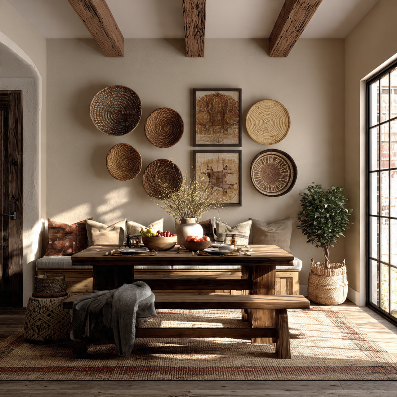 cozy farmhouse dining room with woven tobacco bask