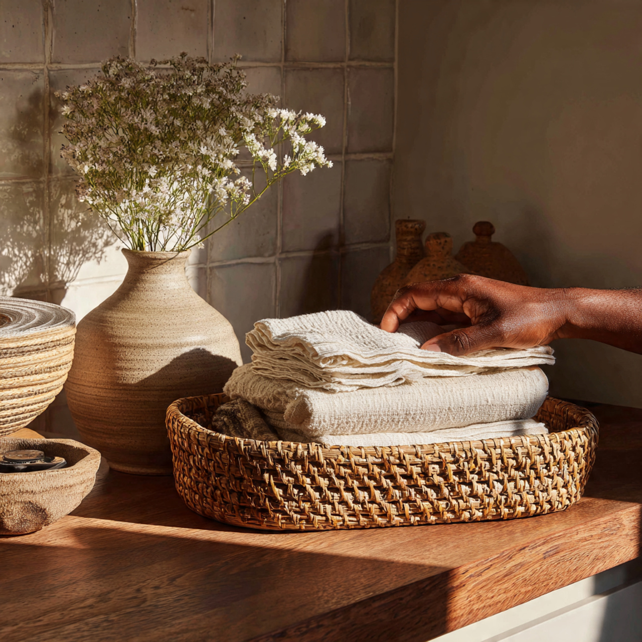 cozy kitchen counter with a woven rattan tray hold
