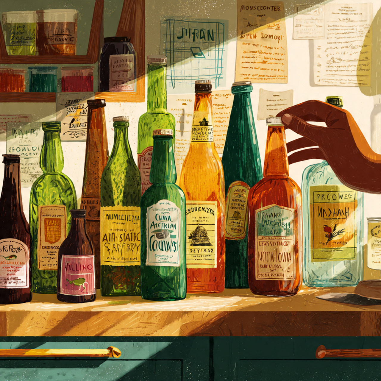 cozy kitchen scene with vintage glass bottles in a