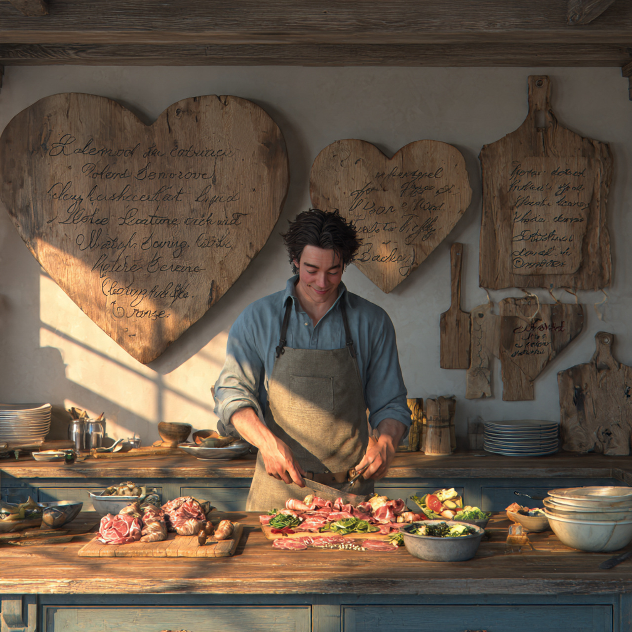 cozy kitchen with heart shaped wooden cutting boar