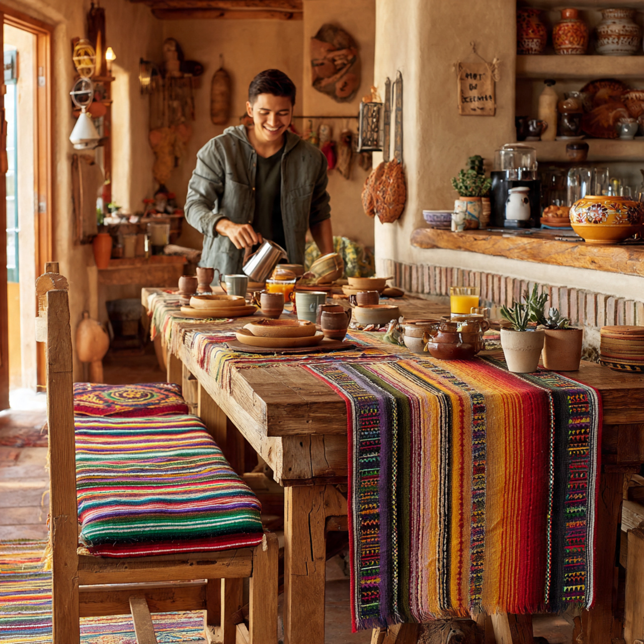 cozy mexican kitchen featuring vibrant serape runn