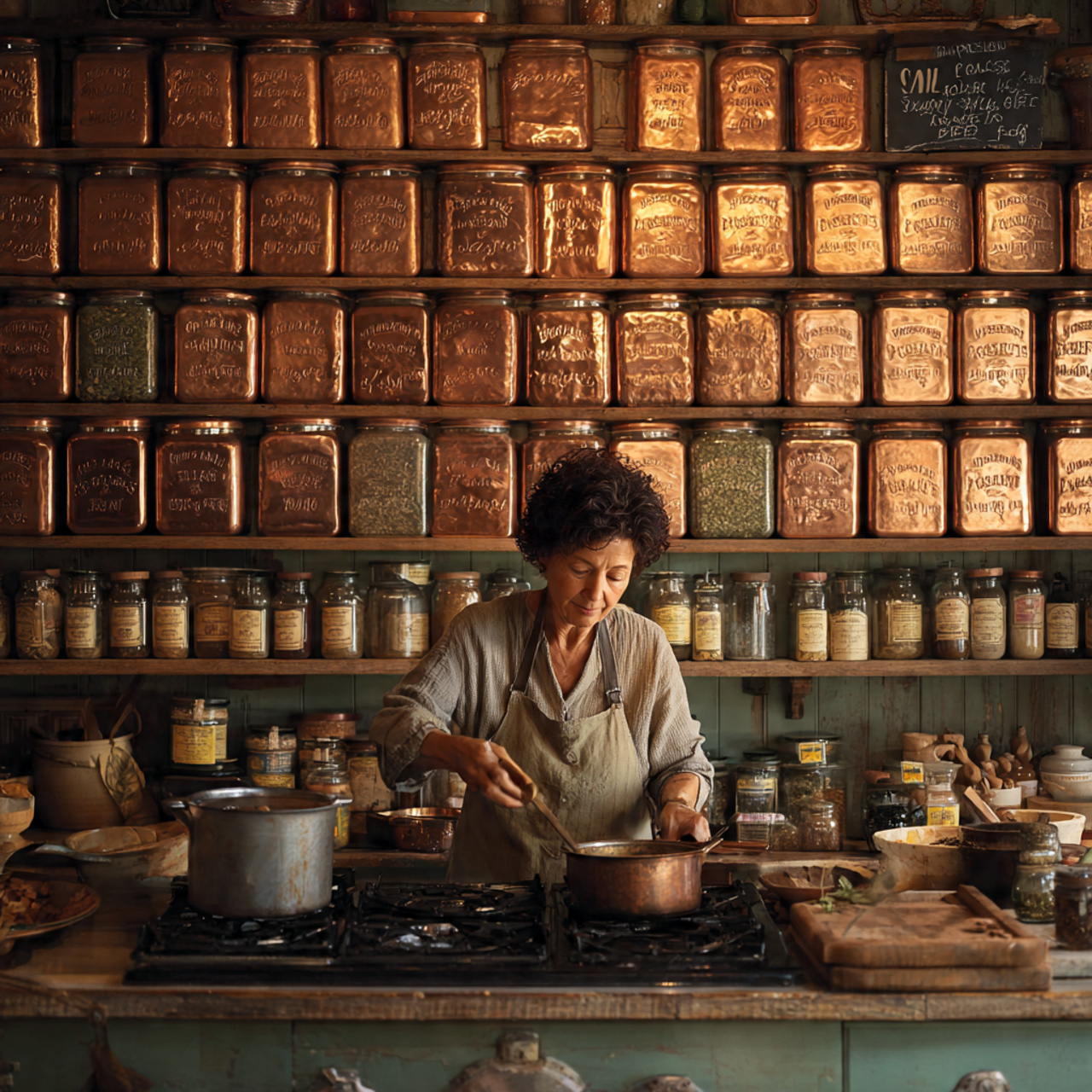 cozy rustic kitchen featuring a wall display of po