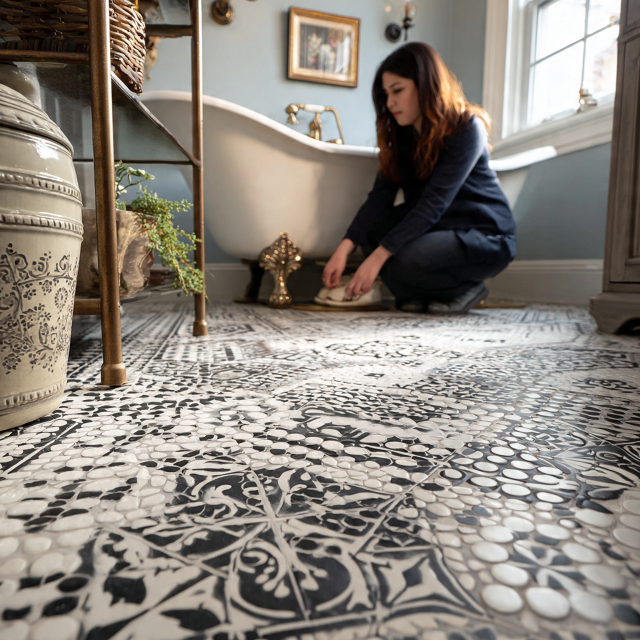 detailed image of a bathroom floor with intricate