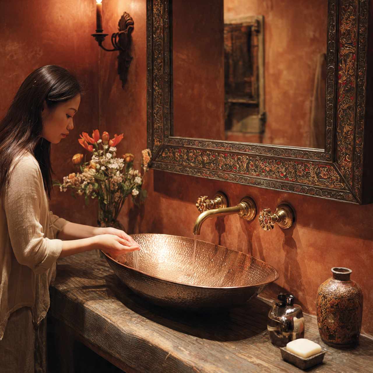 detailed realistic bathroom featuring a hammered c