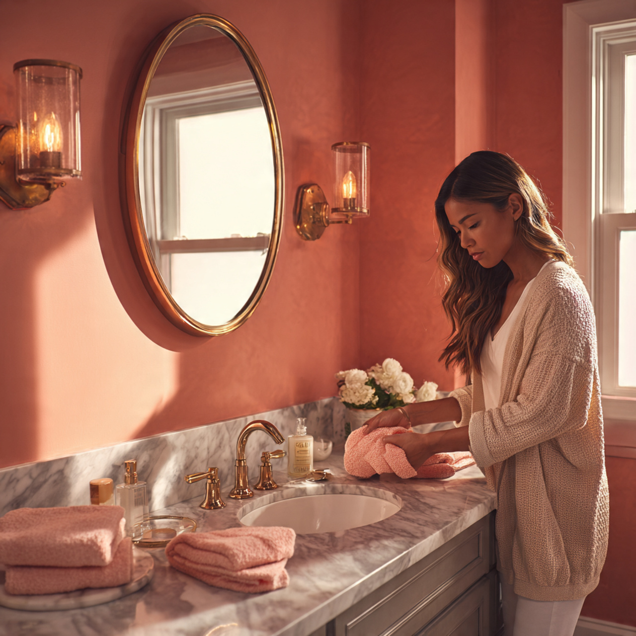 25 Trendy Pink Bathroom Decor Ideas for a Bold Transformation 16 elegant bathroom featuring coral painted walls pai
