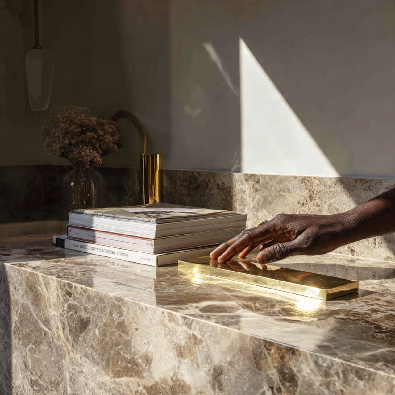 elegant kitchen counter with polished brass accent