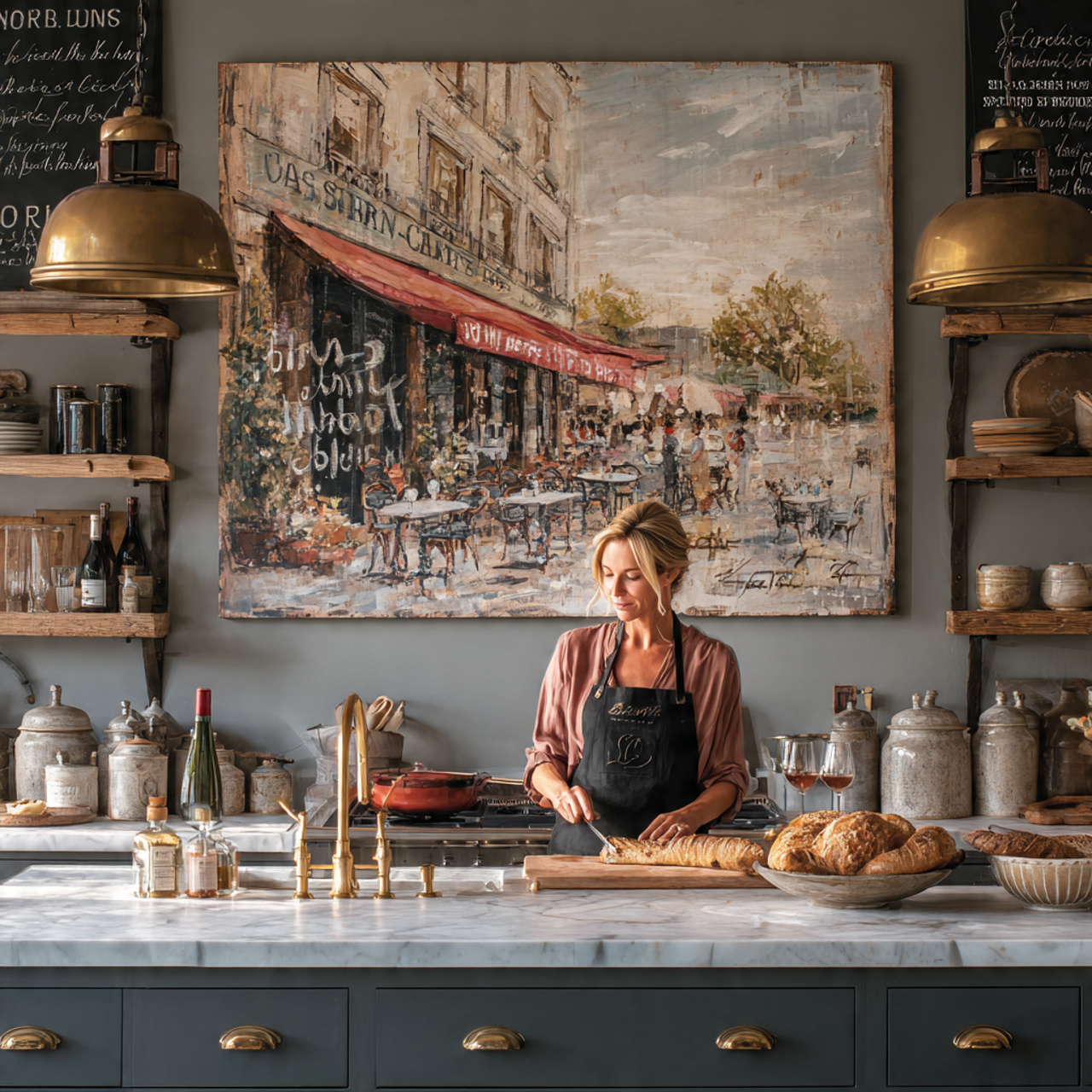 elegant kitchen with a large canvas print of a par