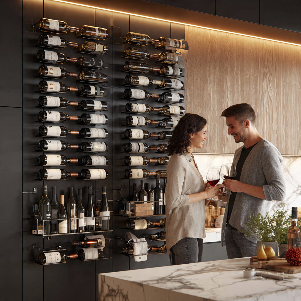 elegant modern kitchen with a floating wine rack m