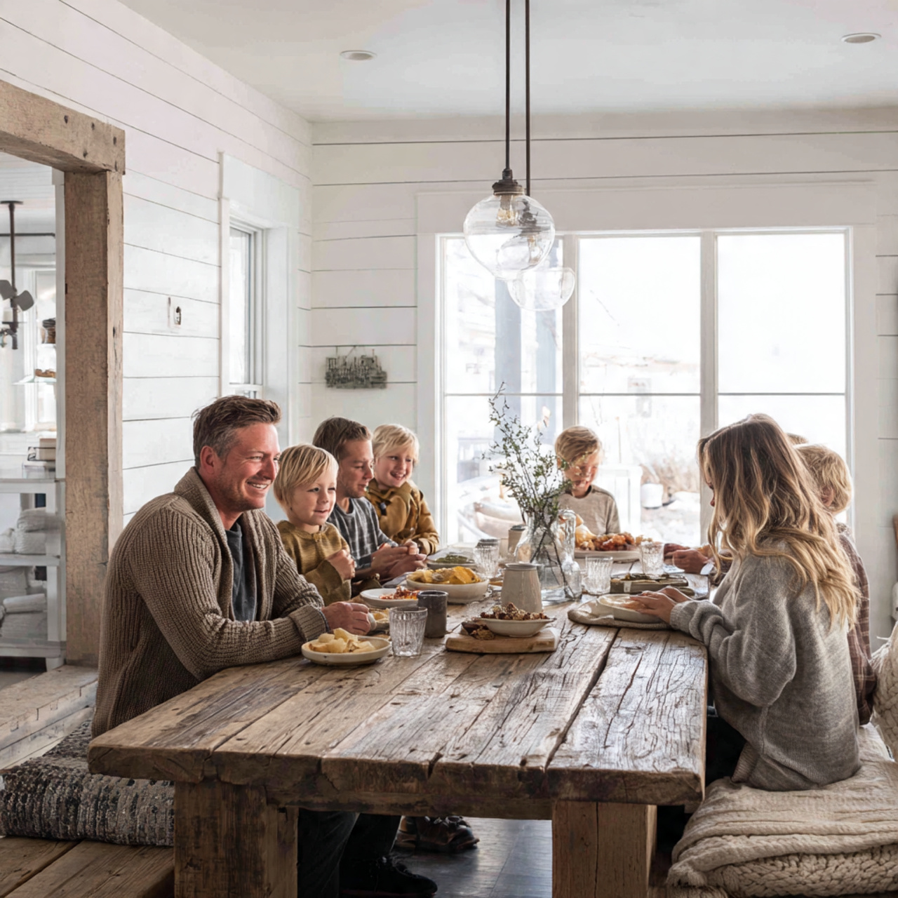 farmhouse dining room featuring a white shiplap fo