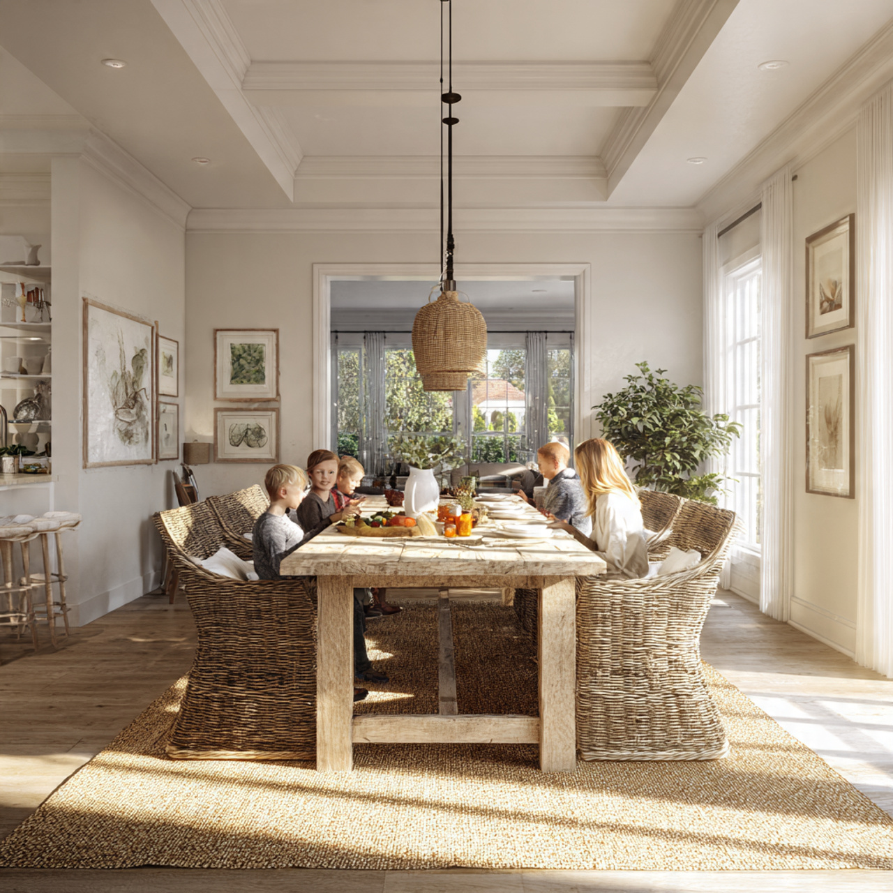 farmhouse dining room featuring natural jute and s
