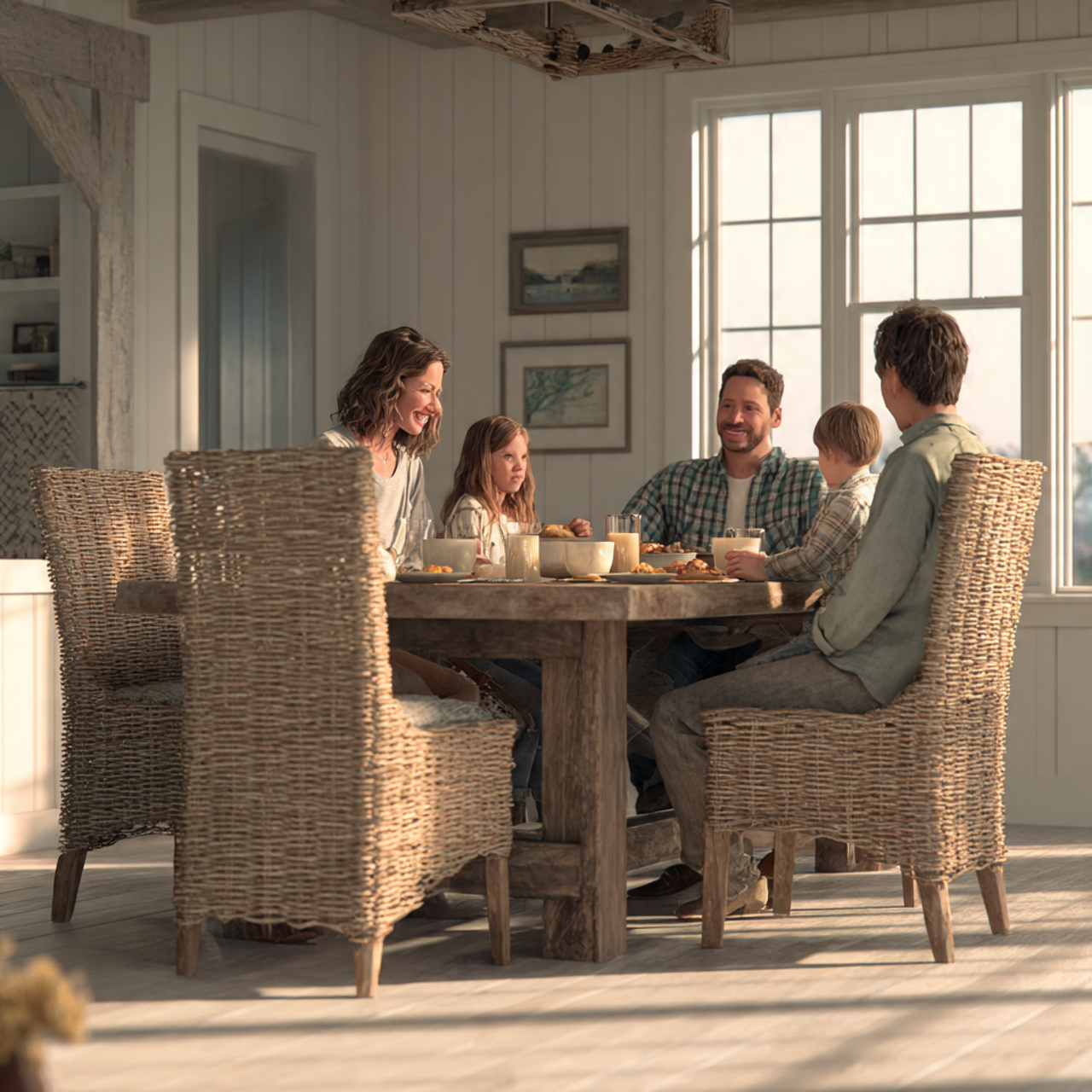 farmhouse dining room featuring woven rattan chair