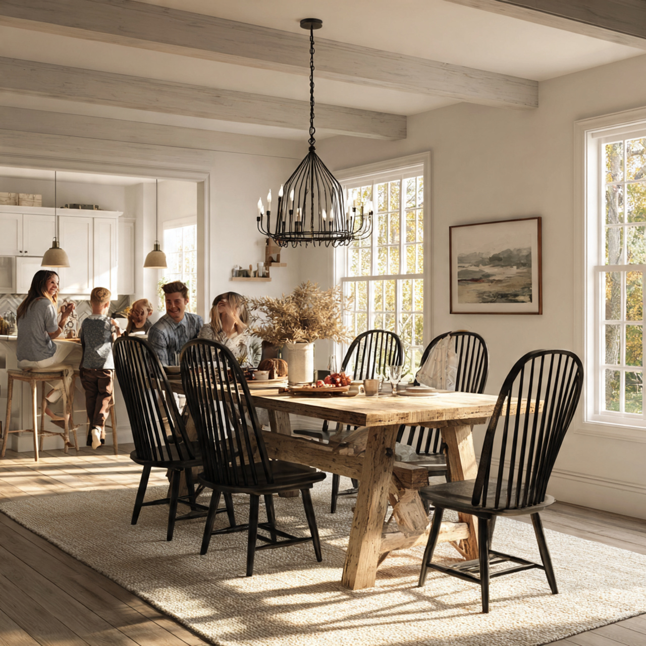 farmhouse dining room with black spindle windsor c