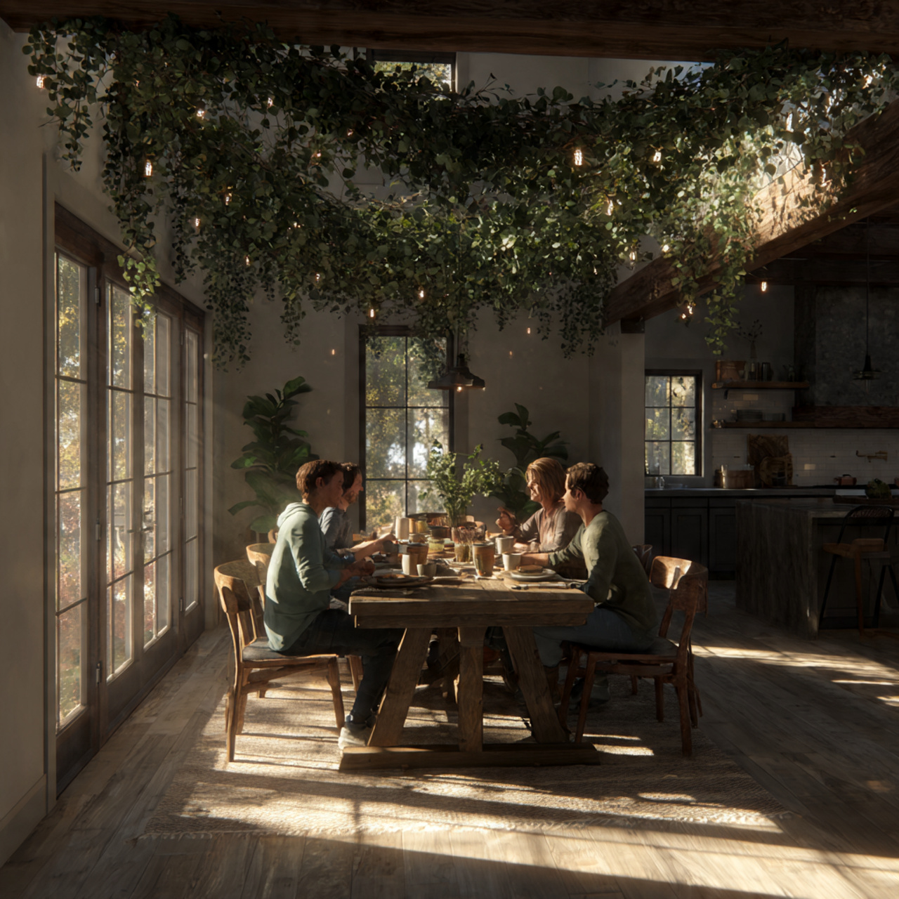 farmhouse dining room with eucalyptus leaf garland