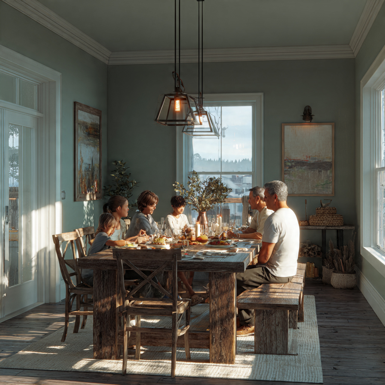 farmhouse dining room with muted sage green walls