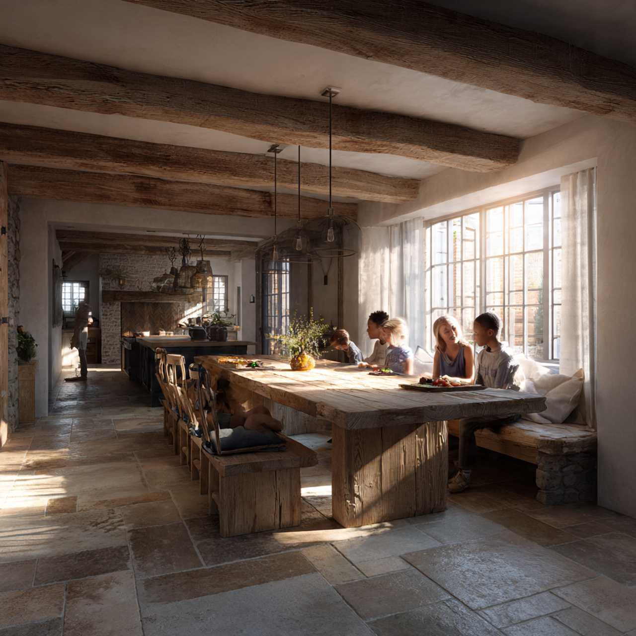 farmhouse dining room with natural stone flooring