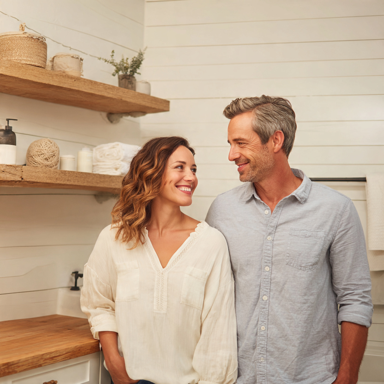 farmhouse inspired bathroom featuring bathroom wal