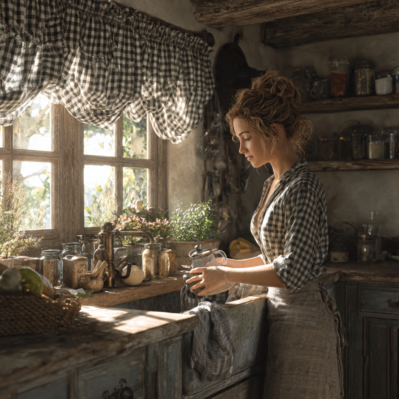 farmhouse kitchen decor ideas featuring gingham pa