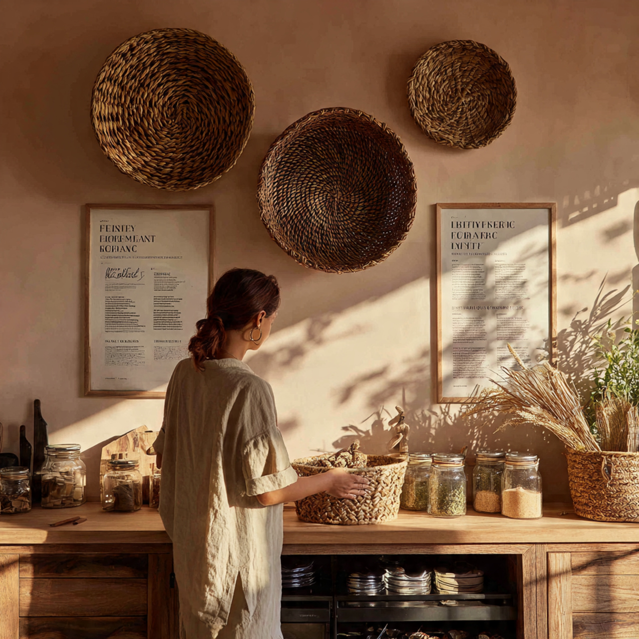 farmhouse style kitchen displaying a woven tobacco