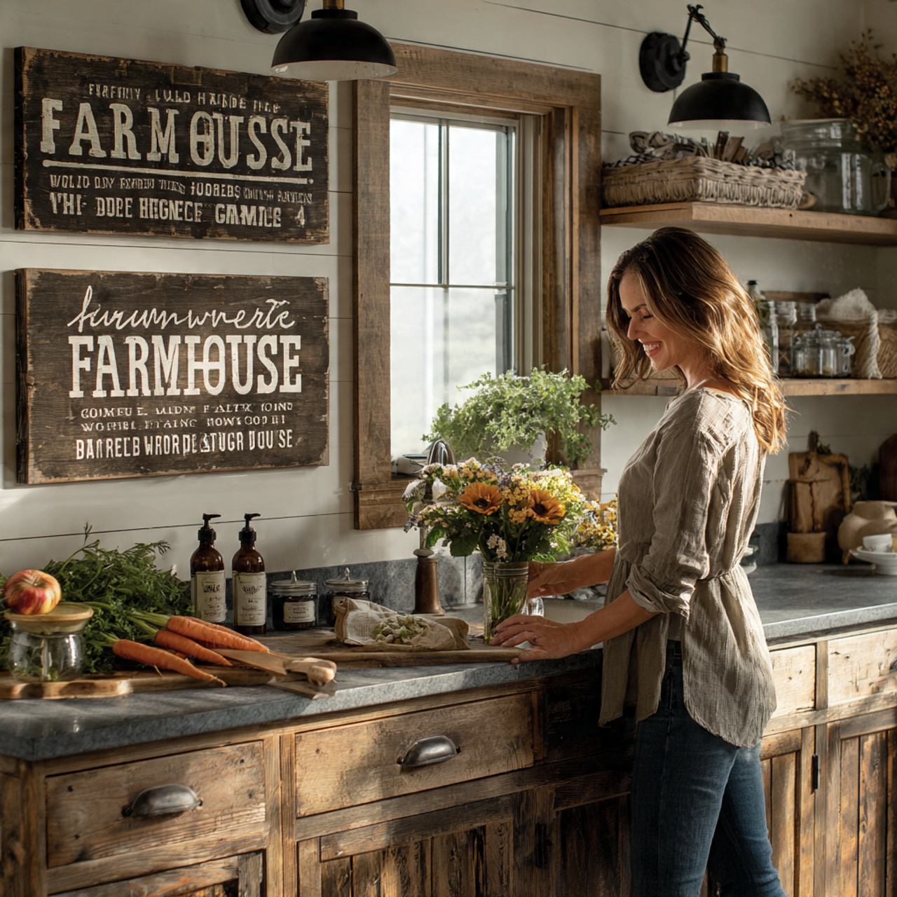 farmhouse style kitchen with reclaimed wood signs