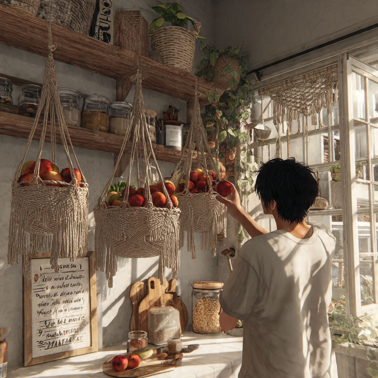 kitchen corner with macrame hanging baskets holdin