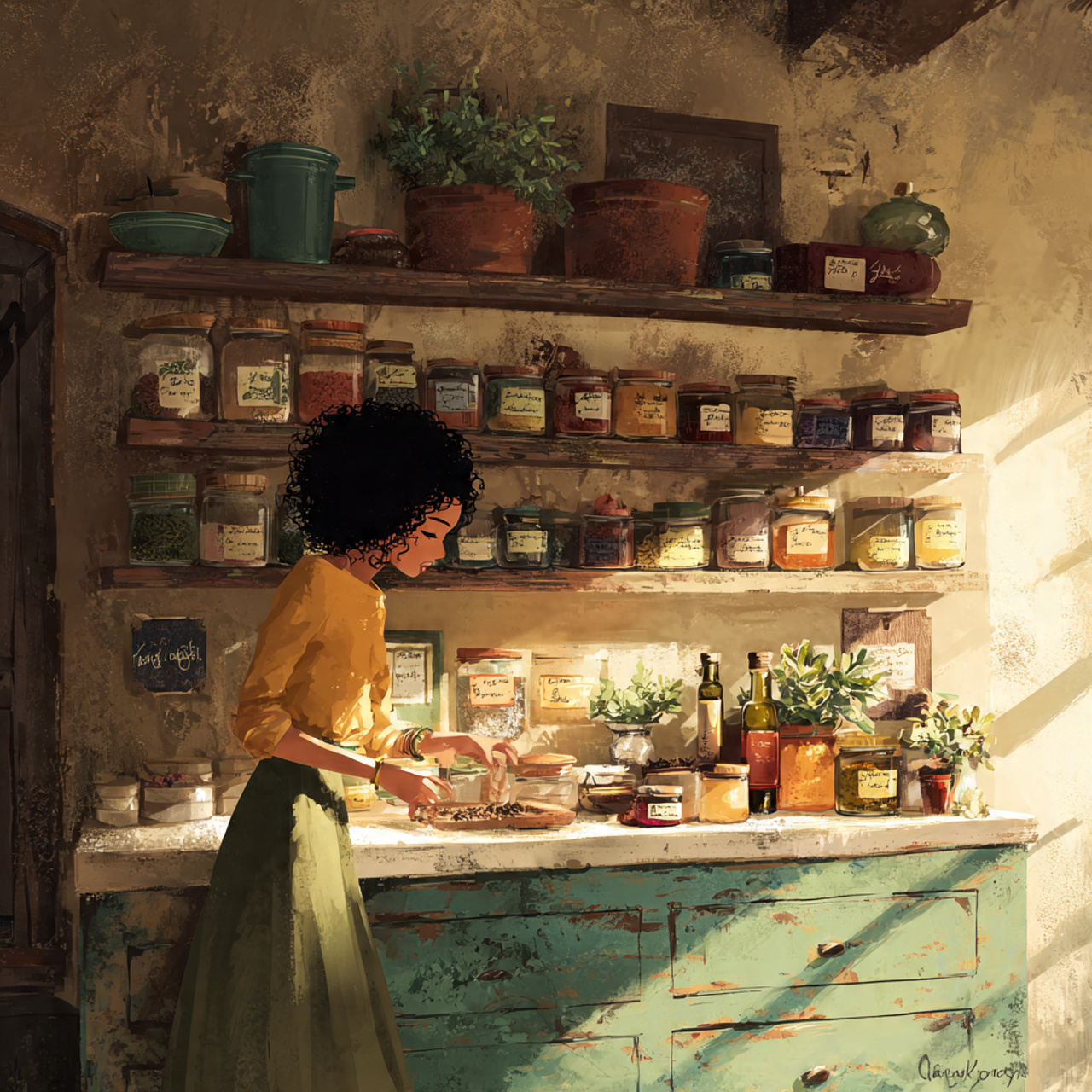 kitchen counter with hand painted decorative servi