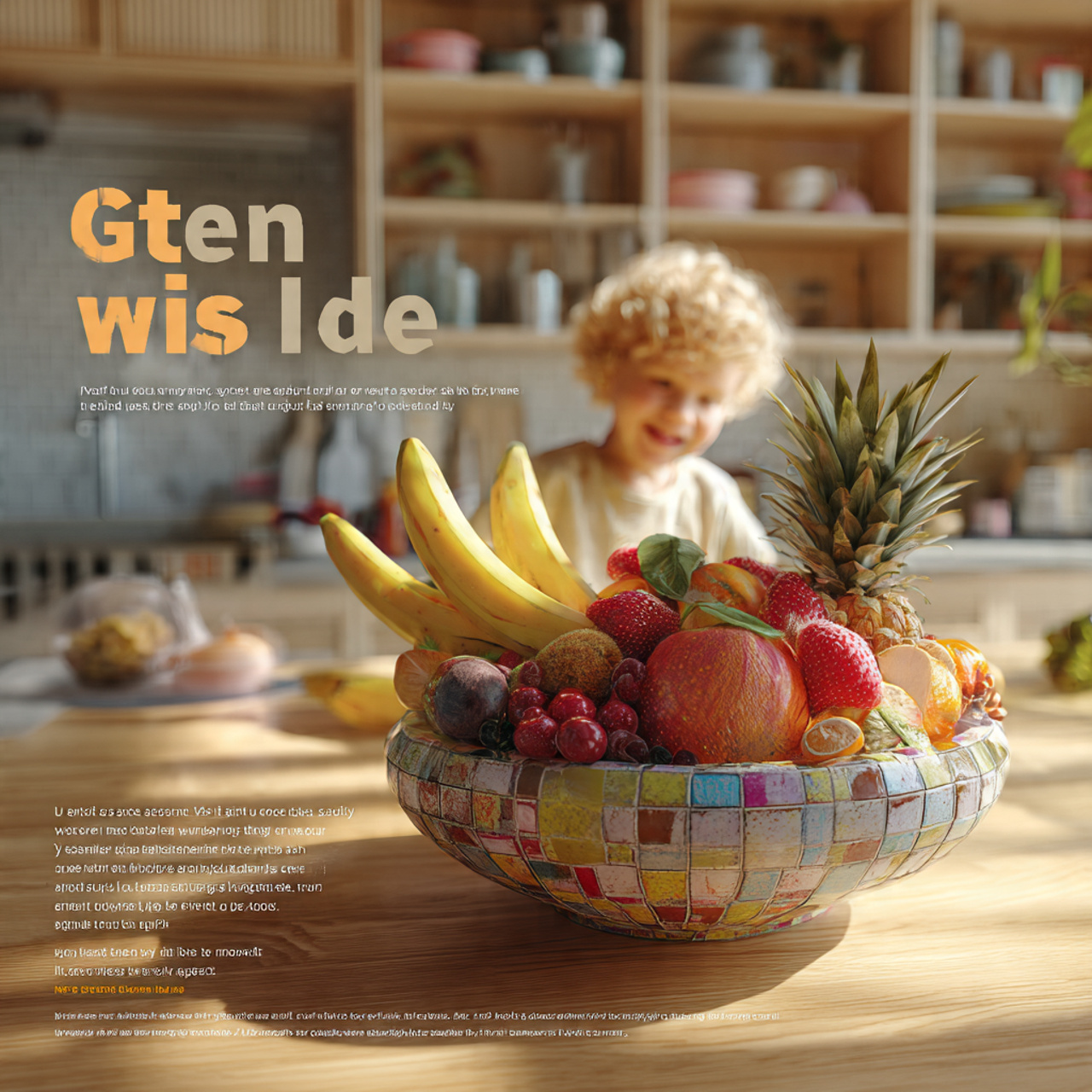 kitchen island with a colorful tiled fruit bowl ce